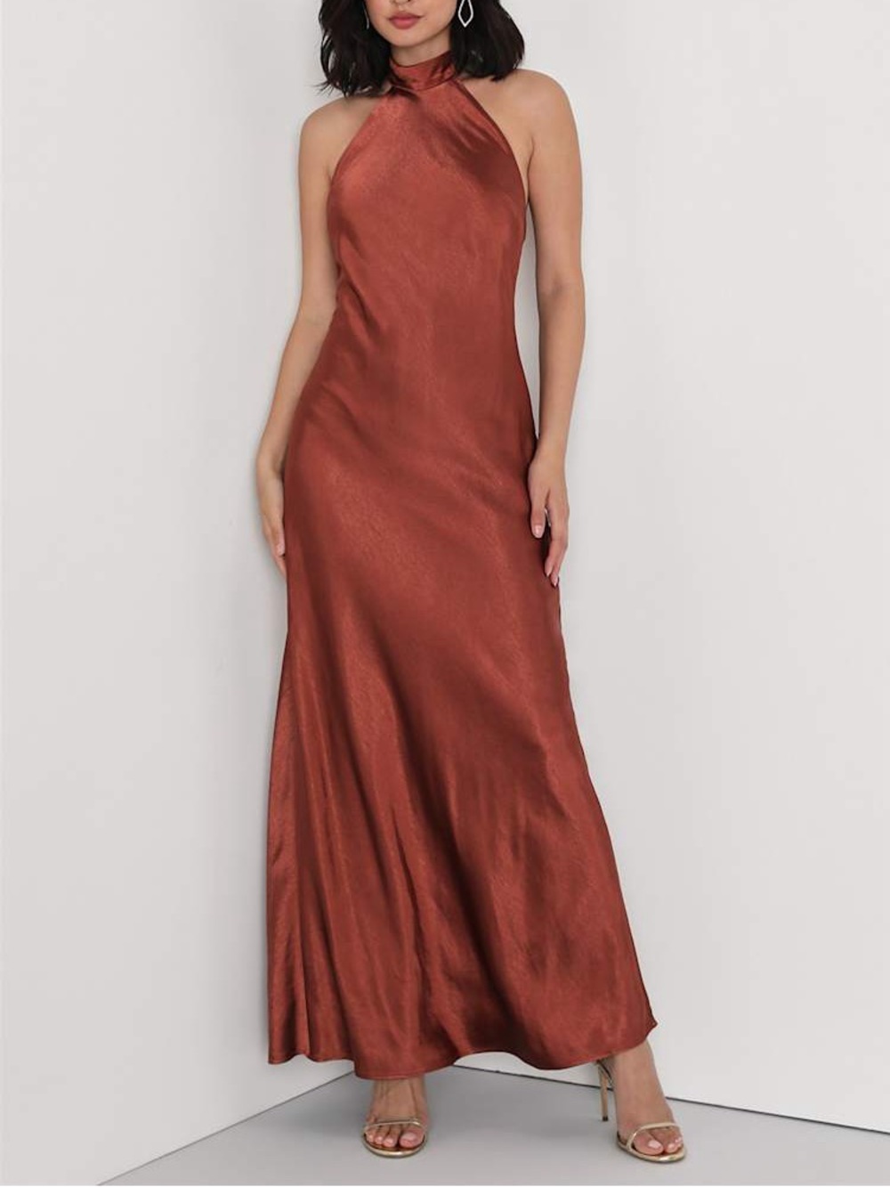 NWT Lulus Love in Your Life Rust Brown Satin Halter Maxi Dress